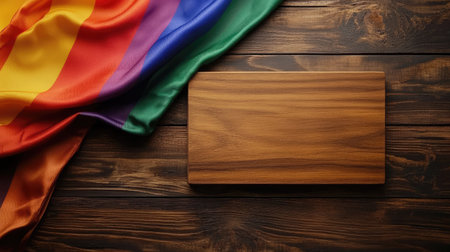 A simple wooden wedding plaque next to a folded LGBT flag, perfect for equality and love themes, with copy spaceの素材