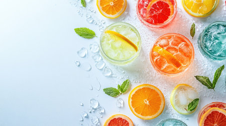 A refreshing variety of iced soft drinks in vibrant colors, garnished with citrus slices and mint leaves, on a clean white backgroundの素材