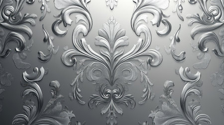 Seamless damask wallpaper with ornate floral and scrollwork motifs, styled in muted silver and gray huesの素材