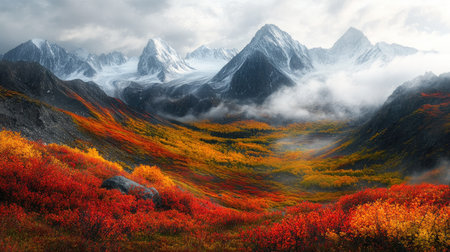 Stunning autumn mountain view with vivid orange, red, and yellow foliage and misty peaksの素材