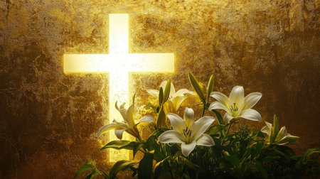 A glowing white cross with delicate lilies placed in front of a golden background, symbolizing Easter celebration and faithの素材