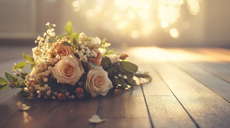 A beautifully arranged wedding bouquet lying gently on a wooden floor, with soft lighting and space for text or designの素材