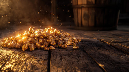 A pile of raw gold nuggets displayed on a rustic wooden surface, glowing under soft lighting with space for textの素材