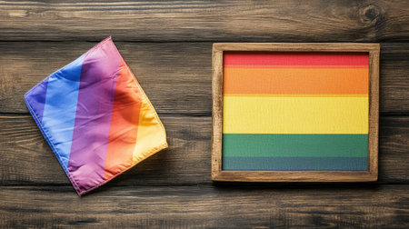 A simple wooden wedding plaque next to a folded LGBT flag, perfect for equality and love themes, with copy spaceの素材