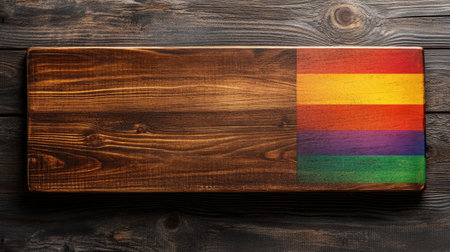 A rustic wooden plaque with a wedding inscription next to a vibrant LGBT flag, against a minimal background with space for textの素材