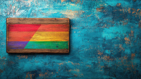A rustic wooden plaque with a wedding inscription next to a vibrant LGBT flag, against a minimal background with space for textの素材