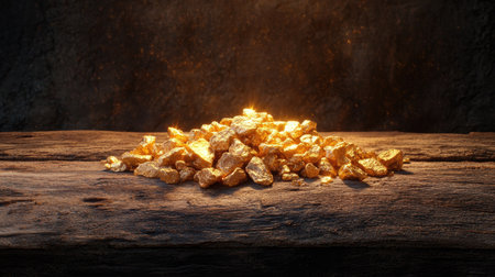 A pile of raw gold nuggets displayed on a rustic wooden surface, glowing under soft lighting with space for textの素材