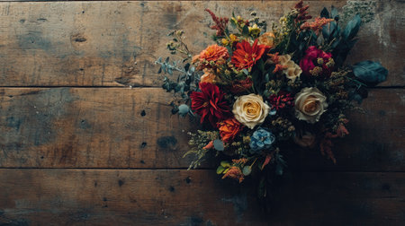 A delicate bridal bouquet placed on a rustic floor, showcasing vibrant flowers and natural tones, with copy spaceの素材
