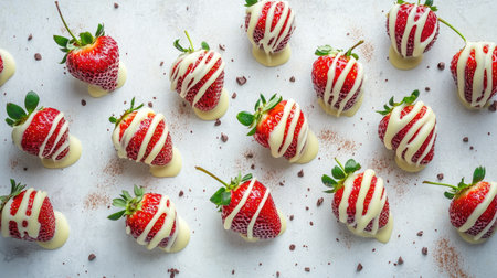 A beautiful arrangement of strawberries dipped in white chocolate and caramel, on a light concrete background, top viewの素材