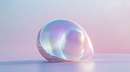A solitary pearl shell with its iridescent surface catching the light, surrounded by a minimalist backgroundの素材