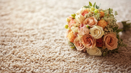 A stunning floral bouquet resting on a carpeted floor, symbolizing romance and celebration, with ample room for copyの素材