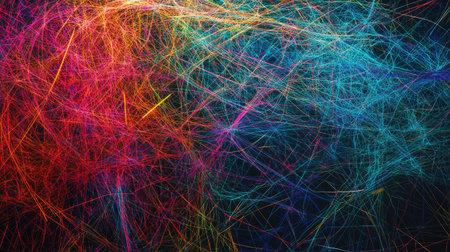 A vibrant display of interconnected lines and data streams, representing cyber data flow and network connectivityの素材