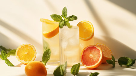 A stylish display of assorted iced soft drinks with citrus fruits and mint leaves, set against a bright white background for freshnessの素材
