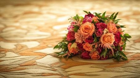 A stunning floral bouquet resting on a carpeted floor, symbolizing romance and celebration, with ample room for copyの素材