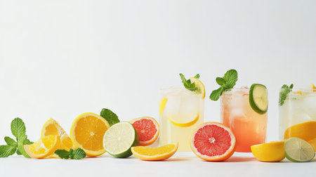 A stylish display of assorted iced soft drinks with citrus fruits and mint leaves, set against a bright white background for freshnessの素材