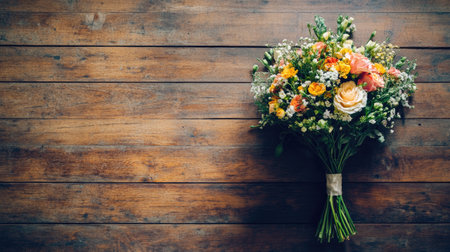 A top-down view of a wedding bouquet abandoned on a wooden floor, surrounded by soft shadows and space for textの素材