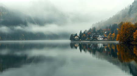 A tranquil autumn view of Hallstatt lake in the Salzkammergut region, with morning mist and golden reflections of the villageの素材