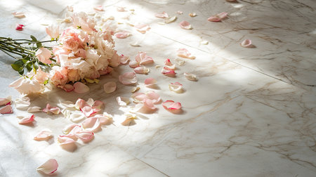 An elegant wedding bouquet on a marble floor, with fallen petals scattered around and plenty of open space for textの素材