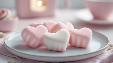 Charming heart-shaped marshmallows in pink and white tones, with a clean, soft setting, leaving room for design elementsの素材