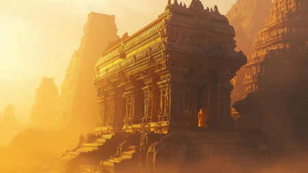 A sunset view of the magnificent stone chariot in Hampia Vittala Temple complex, surrounded by warm golden huesの素材