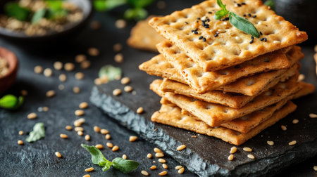 Close-up of stacked crispy crackers, top view on a rustic background with scattered sesame seeds and herbsの素材