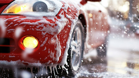 Close-up of a car being rinsed with foamy soap in a car wash, water droplets on the shiny surface under bright lightingの素材