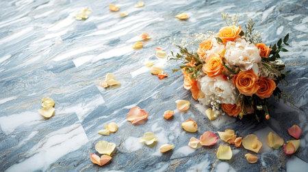 An elegant wedding bouquet on a marble floor, with fallen petals scattered around and plenty of open space for textの素材