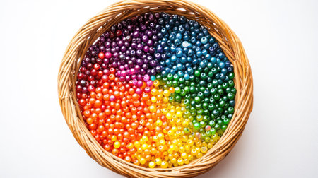 Artistic arrangement of colorful beads in a basket, separated into rainbow colors, displayed on a minimalist white backgroundの素材