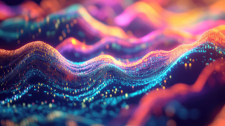 Abstract network connections and streaming data fields, showcasing blockchain and big data concepts in a modern digital styleの素材