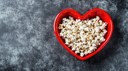 A vibrant red heart-shaped bowl filled with freshly popped popcorn, top view, with space for design or brandingの素材