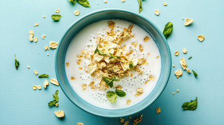 Cereal and milk splashing out of a blue bowl with fresh green herbs decorating the scene, top view, high-energy aestheticの素材