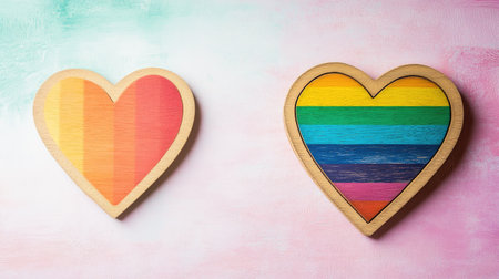A wedding-themed wooden sign paired with the LGBT flag, displayed on a clean background with open space for design elementsの素材