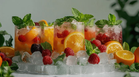 Assorted chilled soft drinks with ice cubes, fresh citrus fruits, and mint leaves, beautifully arranged on a white display surfaceの素材