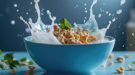 Close-up of a blue bowl with cereal, milk splash frozen mid-air, and fresh herbs adding vibrancy to a clean backgroundの素材