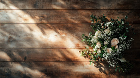 A top-down view of a wedding bouquet abandoned on a wooden floor, surrounded by soft shadows and space for textの素材