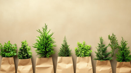 Eco-friendly shopping concept with vibrant green trees growing from brown paper bags, placed on a neutral backgroundの素材