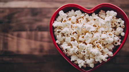 Close-up top view of popcorn in a red heart-shaped bowl, perfect for snack-themed designs, with copy space surrounding itの素材
