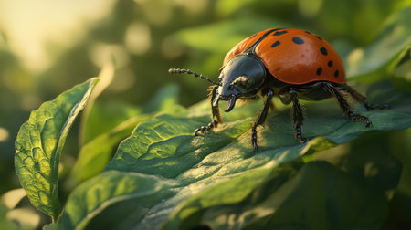 Detailed image of a Colorado potato beetle in natural habitat, resting on a vibrant green potato leafの素材
