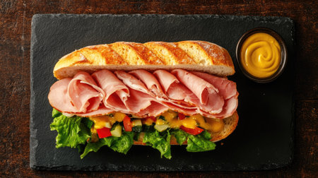 Delicious ham and vegetable sandwich on white bread, served on a slate platter with a side of mustard, top viewの素材