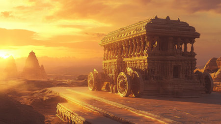 A sunset view of the magnificent stone chariot in Hampia Vittala Temple complex, surrounded by warm golden huesの素材