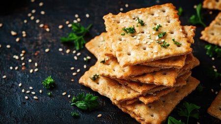 Close-up of stacked crispy crackers, top view on a rustic background with scattered sesame seeds and herbsの素材