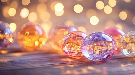 Beautifully arranged crystal Easter eggs on a natural wooden background, with soft highlights emphasizing their reflective surfacesの素材