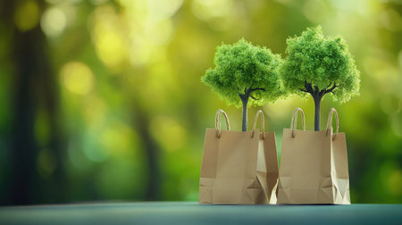 Eco-friendly concept featuring paper bags with vibrant green trees growing from them, promoting sustainability in a modern designの素材