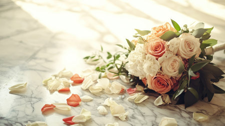 An elegant wedding bouquet on a marble floor, with fallen petals scattered around and plenty of open space for textの素材