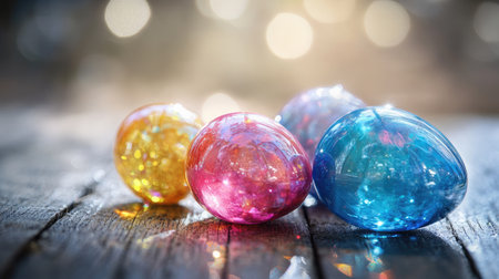 Beautifully arranged crystal Easter eggs on a natural wooden background, with soft highlights emphasizing their reflective surfacesの素材