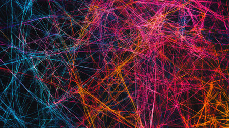 A vibrant display of interconnected lines and data streams, representing cyber data flow and network connectivityの素材