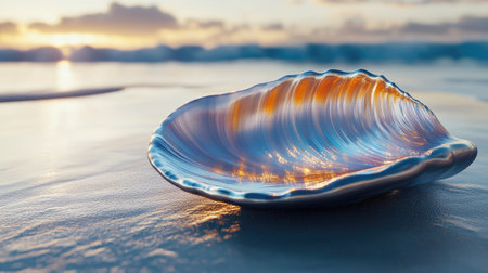 Close-up of one pearl shell with shimmering inner layers, placed on a smooth surface, perfect for marine-themed visuals.の素材