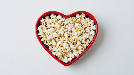 Fresh buttery popcorn arranged in a heart-shaped red bowl, viewed from above, with a minimalist white backdropの素材