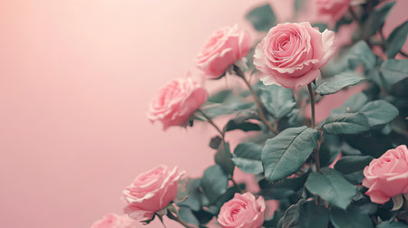Soft pink roses with fresh green leaves arranged beautifully on a pastel backdrop, perfect for nature or romantic-themed designsの素材