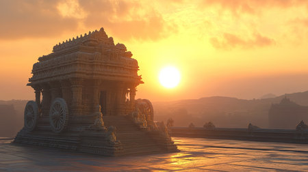 Hampi stone in the soft glow of the setting sun, showcasing the intricate craftsmanship of the templeの素材